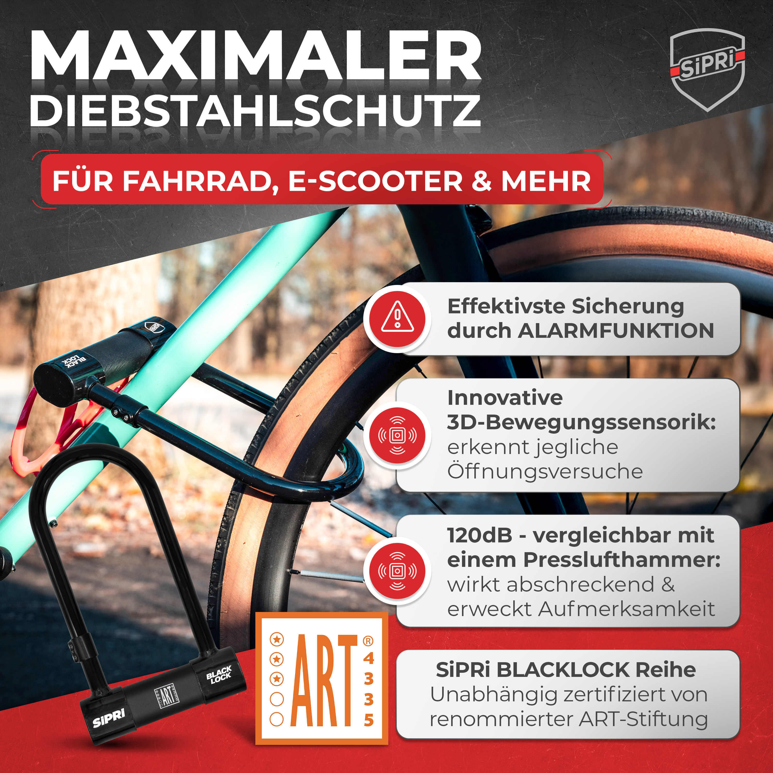 SiPRi® Alarm-Bügelschloss | ART3-zertifiziert, 120dB für E-Bike