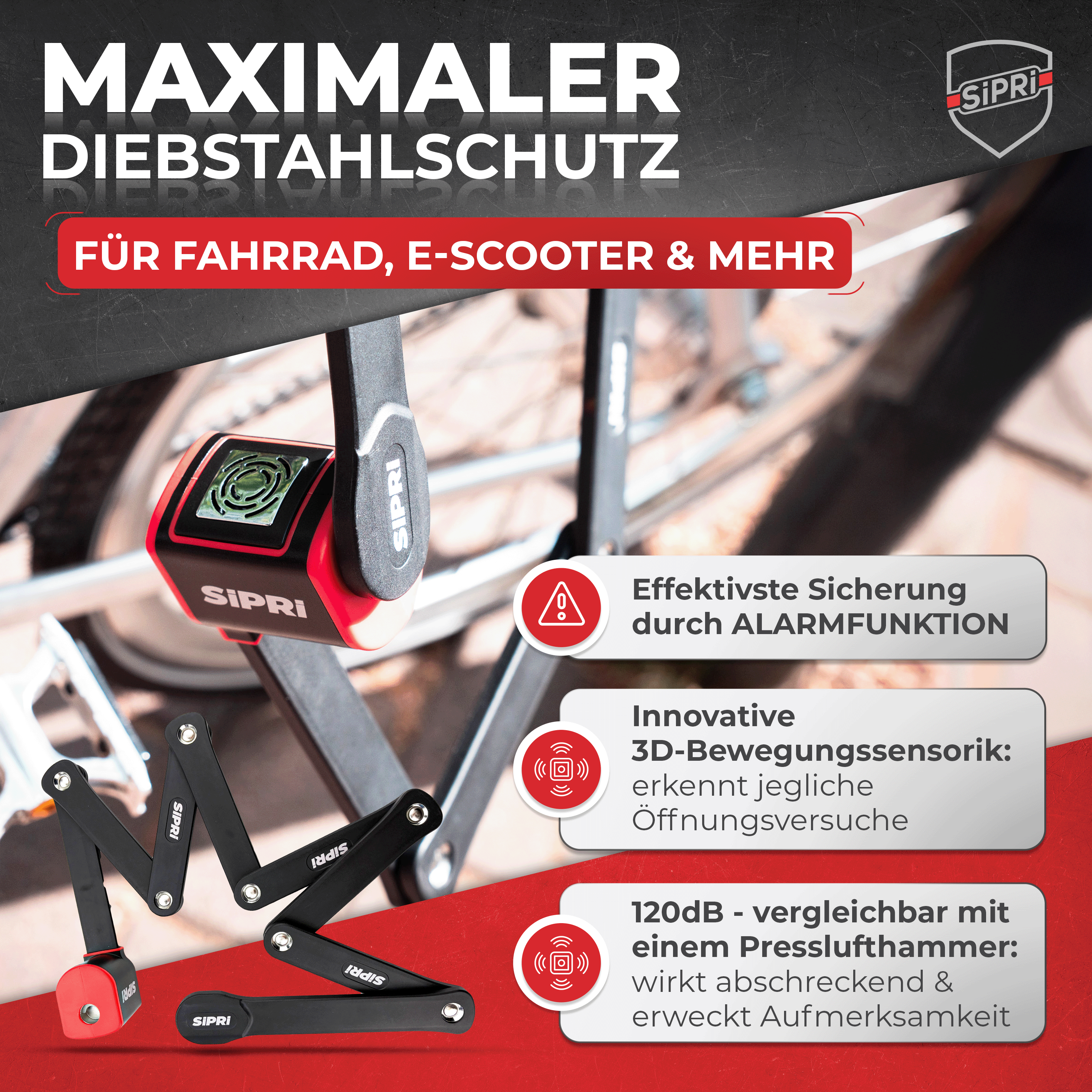 SiPRi® Alarm-Faltschloss | Kompakter Diebstahlschutz mit 120dB