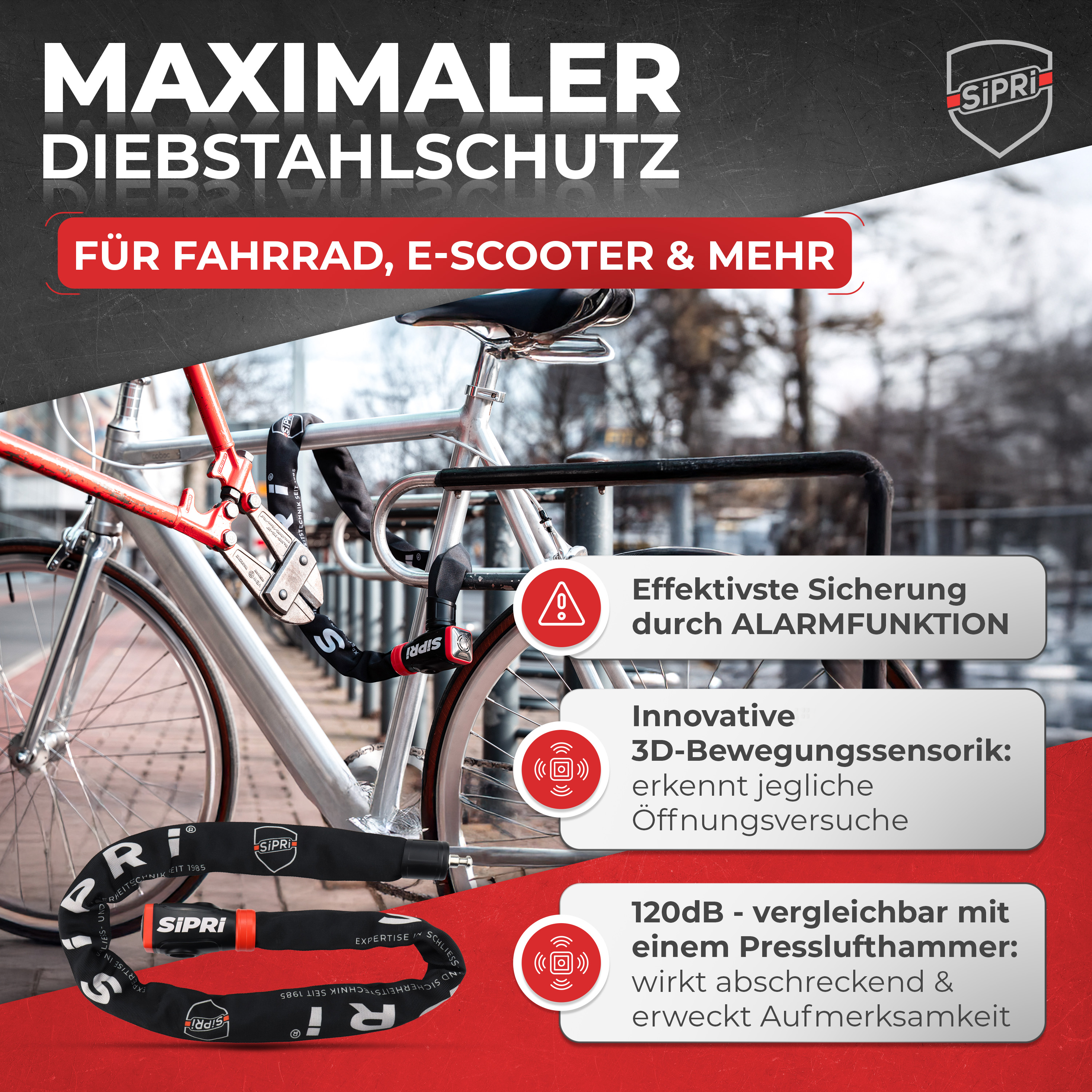 SiPRi® Alarm-Kettenschloss | Fahrradschloss mit 120dB Alarm für E-Bike