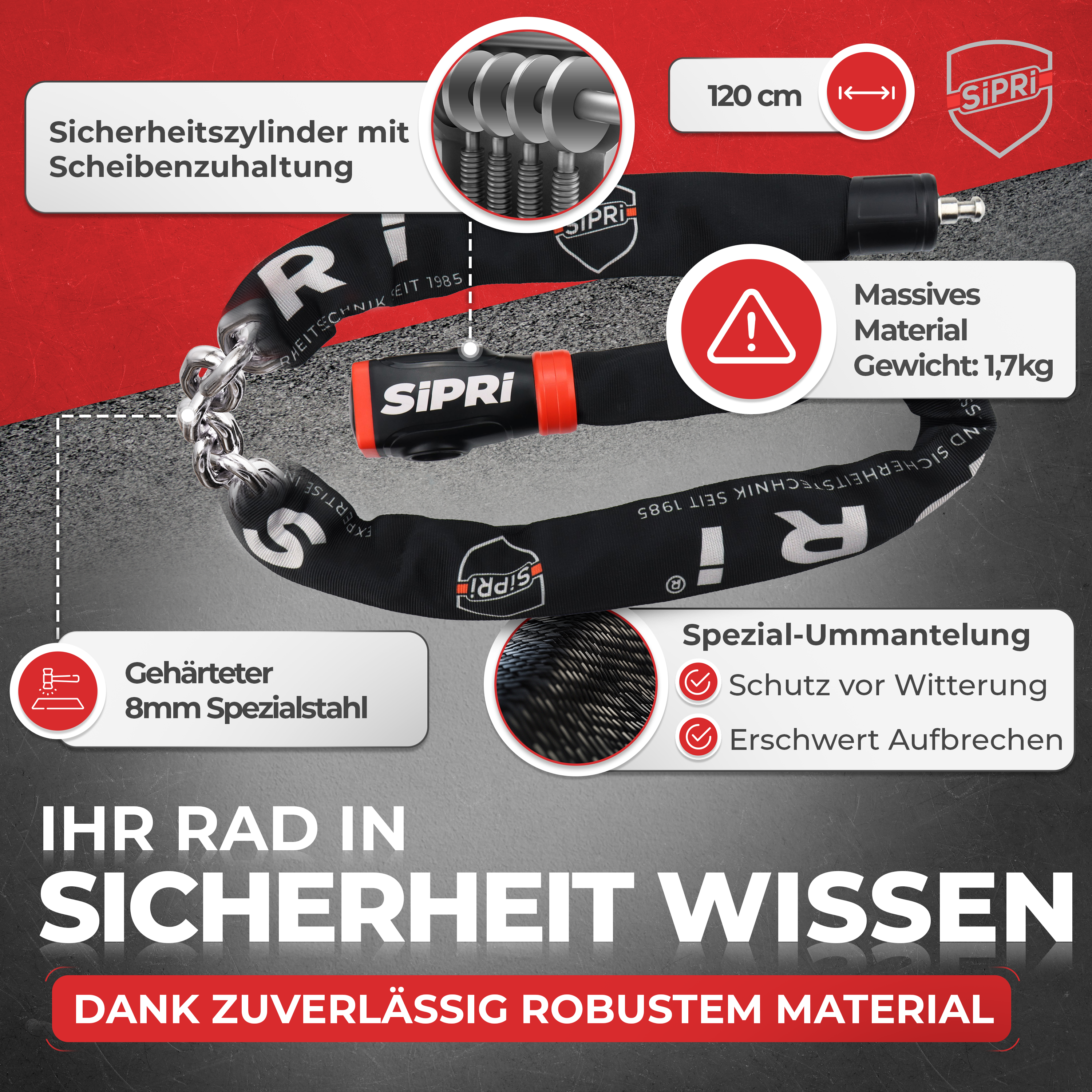 SiPRi® Alarm-Kettenschloss | Fahrradschloss mit 120dB Alarm für E-Bike
