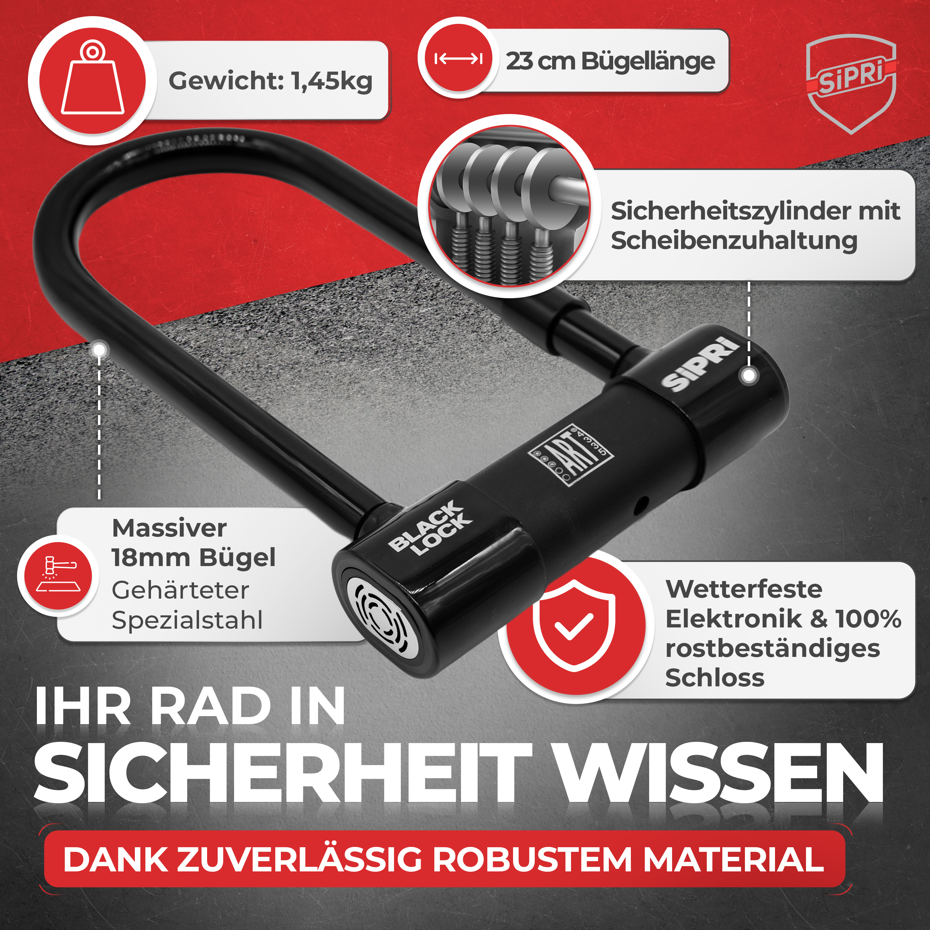 SiPRi® Alarm-Bügelschloss | ART3-zertifiziert, 120dB für E-Bike
