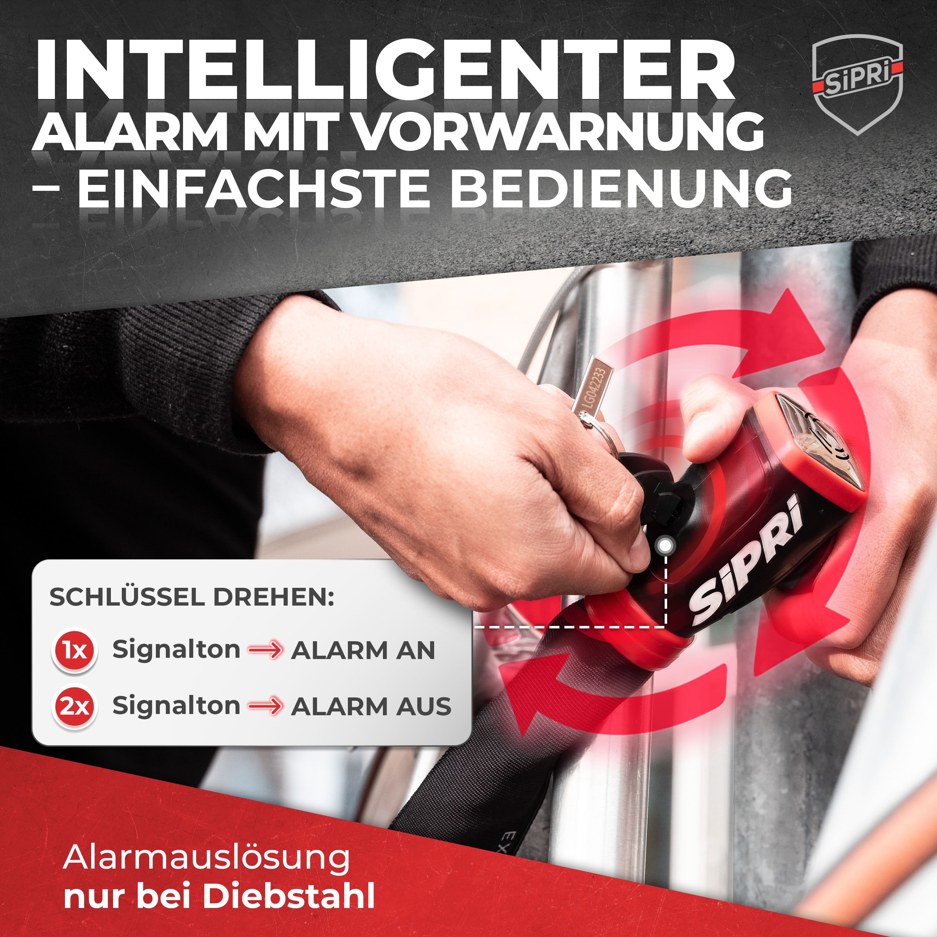 SiPRi® Alarm-Kettenschloss | Fahrradschloss mit 120dB Alarm für E-Bike