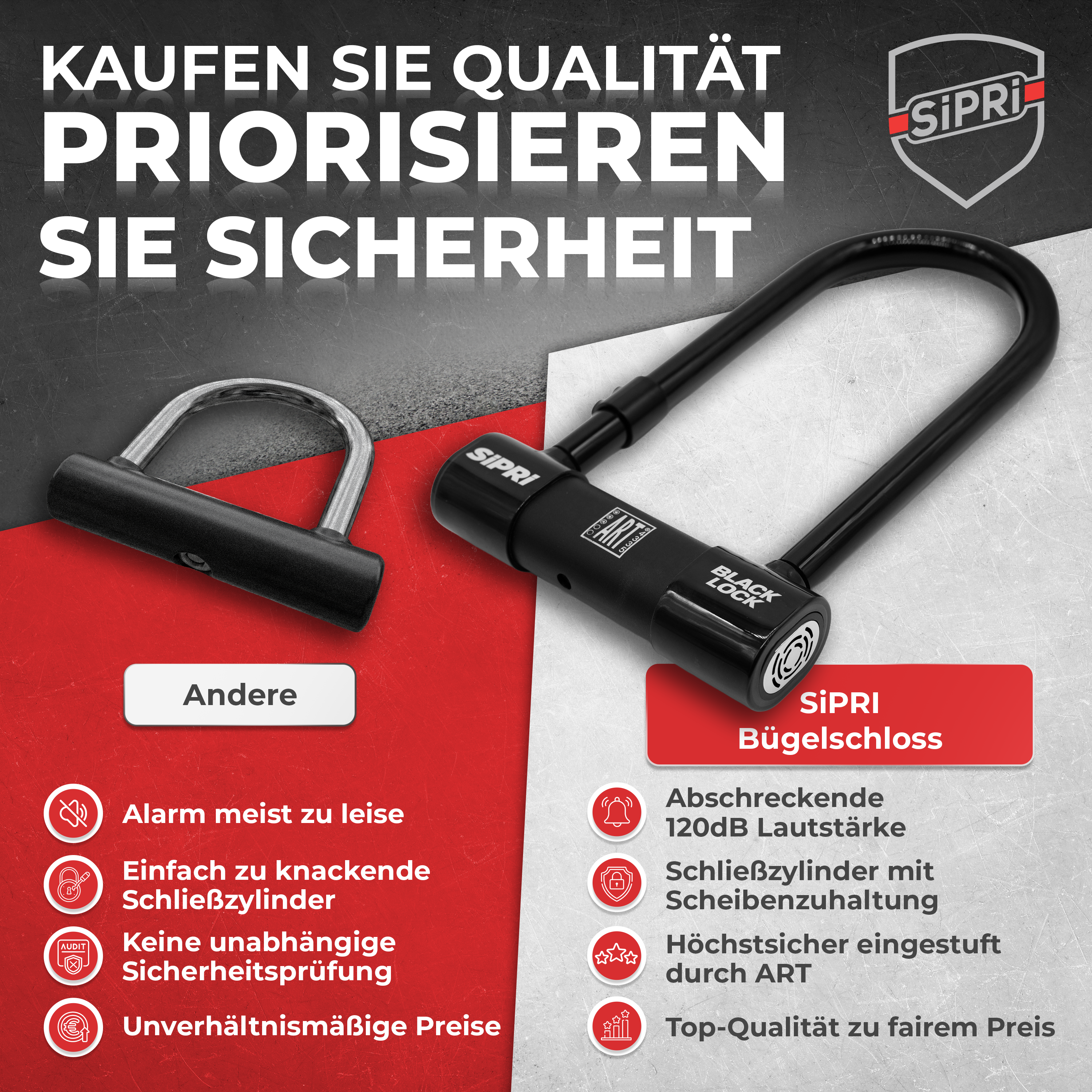 SiPRi® Alarm-Bügelschloss | ART3-zertifiziert, 120dB für E-Bike